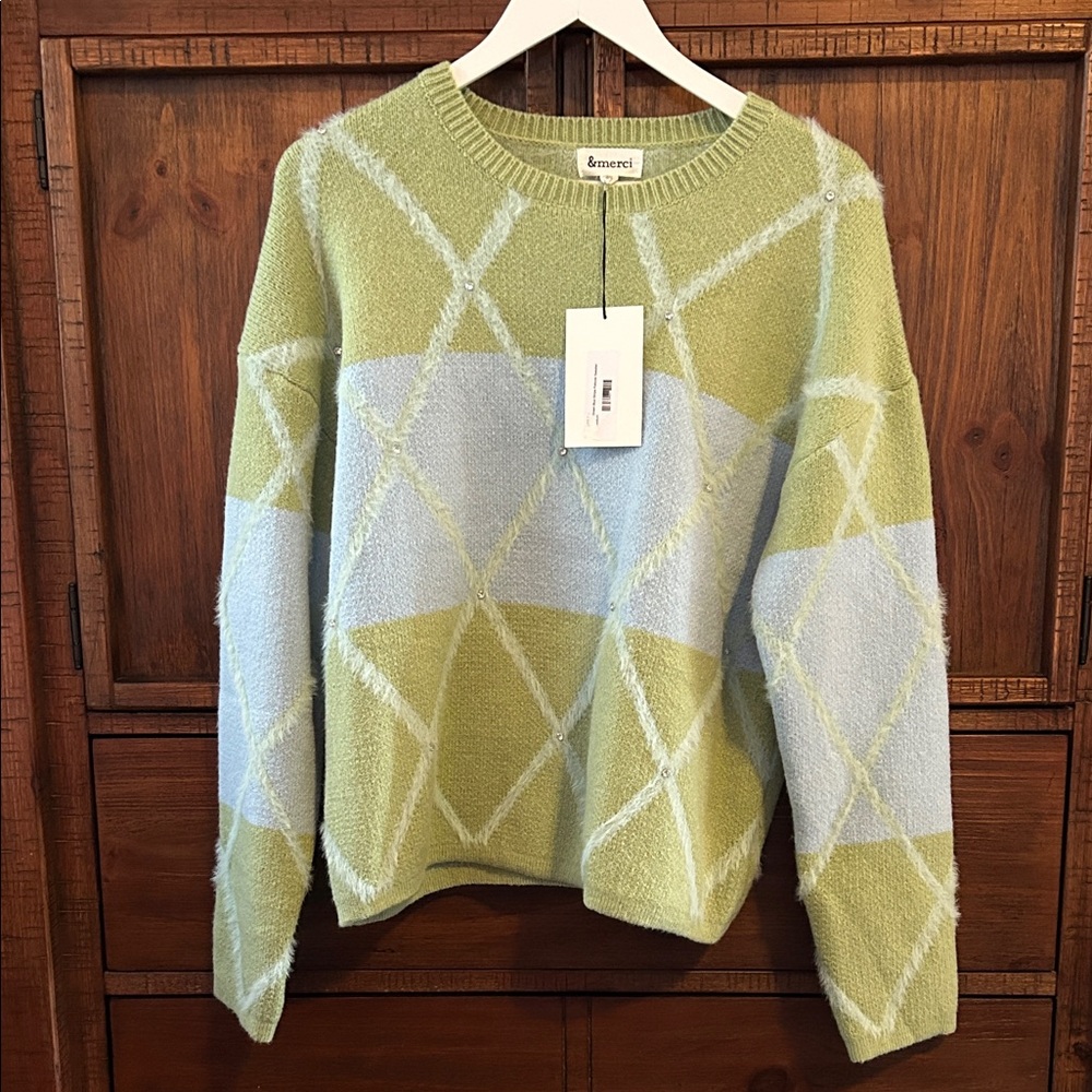 &merci Geometric Sweater - Light Green and Light Blue